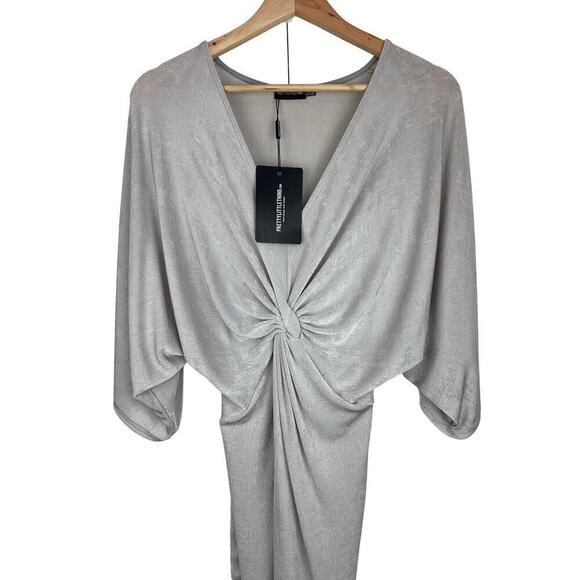 NWT Pretty Little Thing 6 Ice Gray Slinky Twist Front Kimono Sleeve Midi Dress - Picture 1 of 9